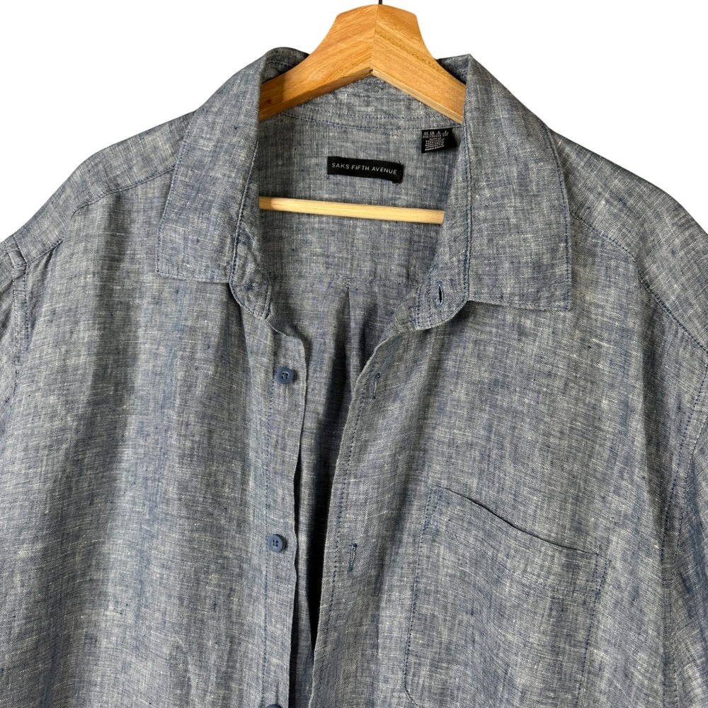 Saks Fifth Avenue Mens Blue 100% Linen Short Sleeve Button Up Shirt Size XXLT